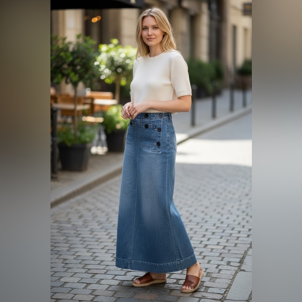 Jeanology Vintage High-Waisted Button Detail Denim Maxi Skirt - Picture 6 of 8